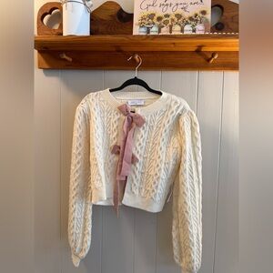 American Threads Cream Cardigan with Pink Bow
